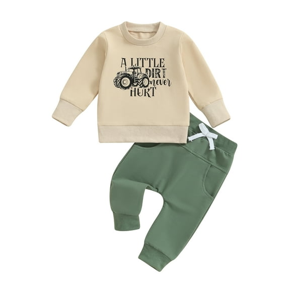 Elippeo Toddler Boys Fall Outfits 3 6 12 18 24 Months 3 Years Letter Tractor Print Long Sleeve Sweatshirts and Long Pants 2Pcs Clothes Set