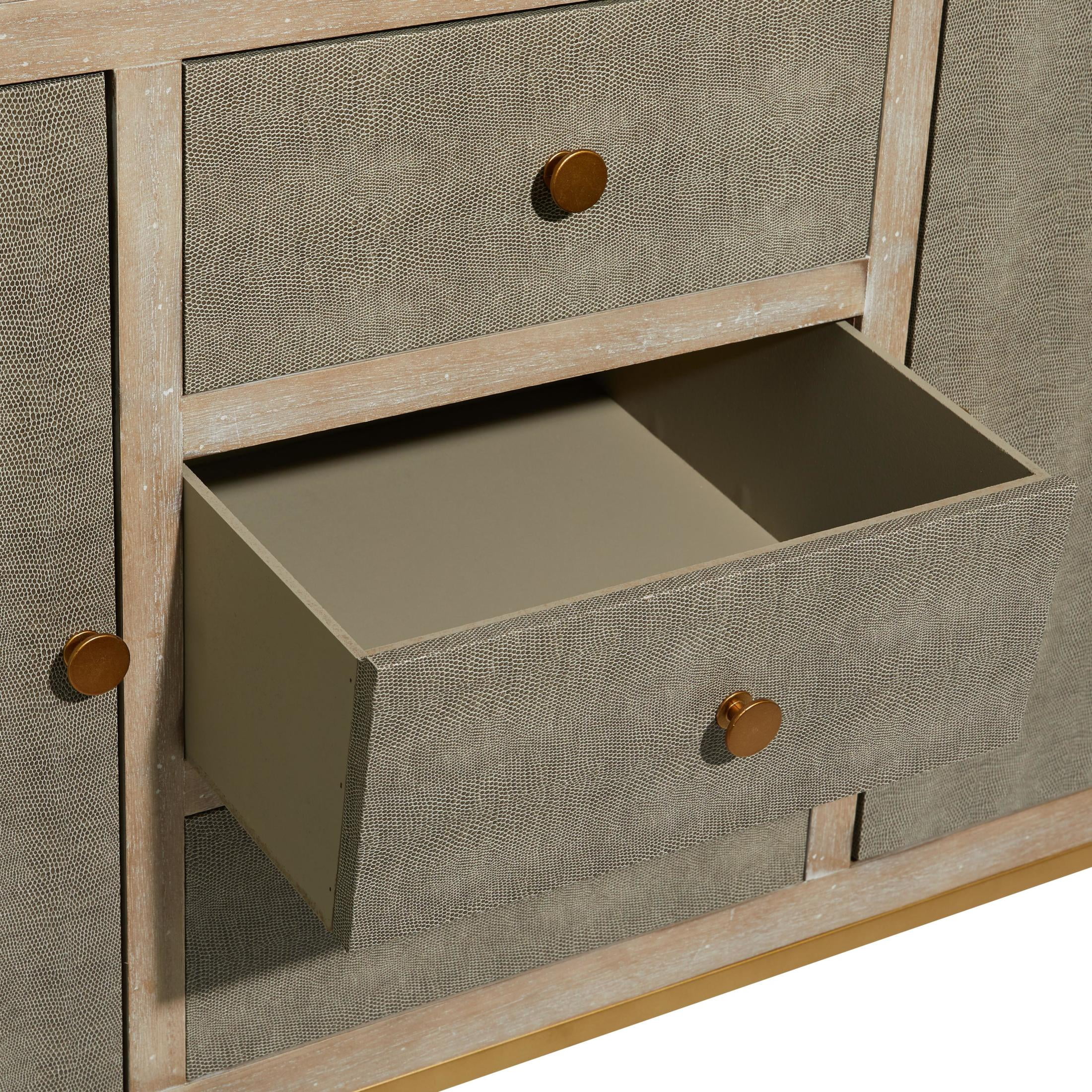 DecMode 47" x 32" Gray Wood Snakeskin Inspired 2 Door and 3 Drawer Cabinet with Gold Knobs and Washed Brown Frame, 1-Piece