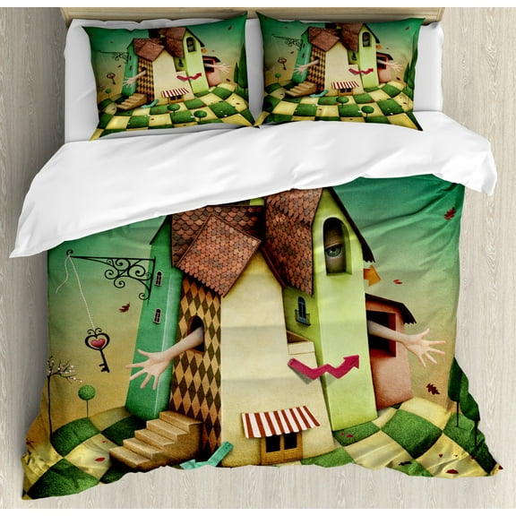 Mural King Size Duvet Cover Set, Conceptual Illustration for Fairy Tale Wonderland House with a Girl Trapped Inside, Decorative 3 Piece Bedding Set with 2 Pillow Shams, Multicolor, by Ambesonne