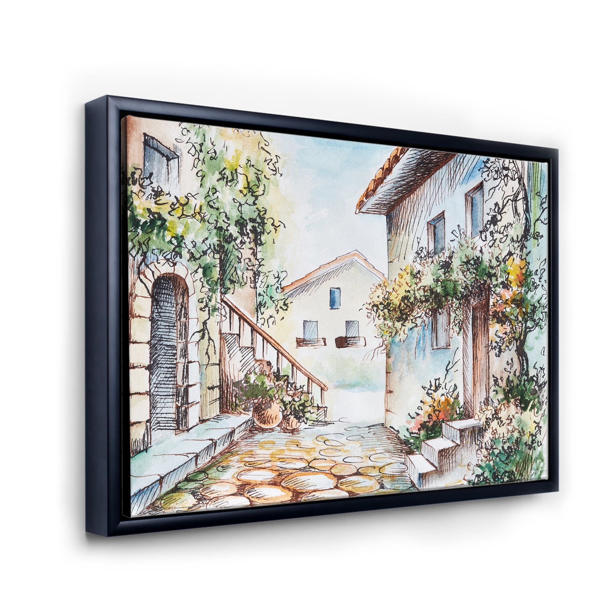 Sunny Day At The Vintage City Cozy Street 32 in x 24 in Framed Painting Canvas Art Print, by Designart