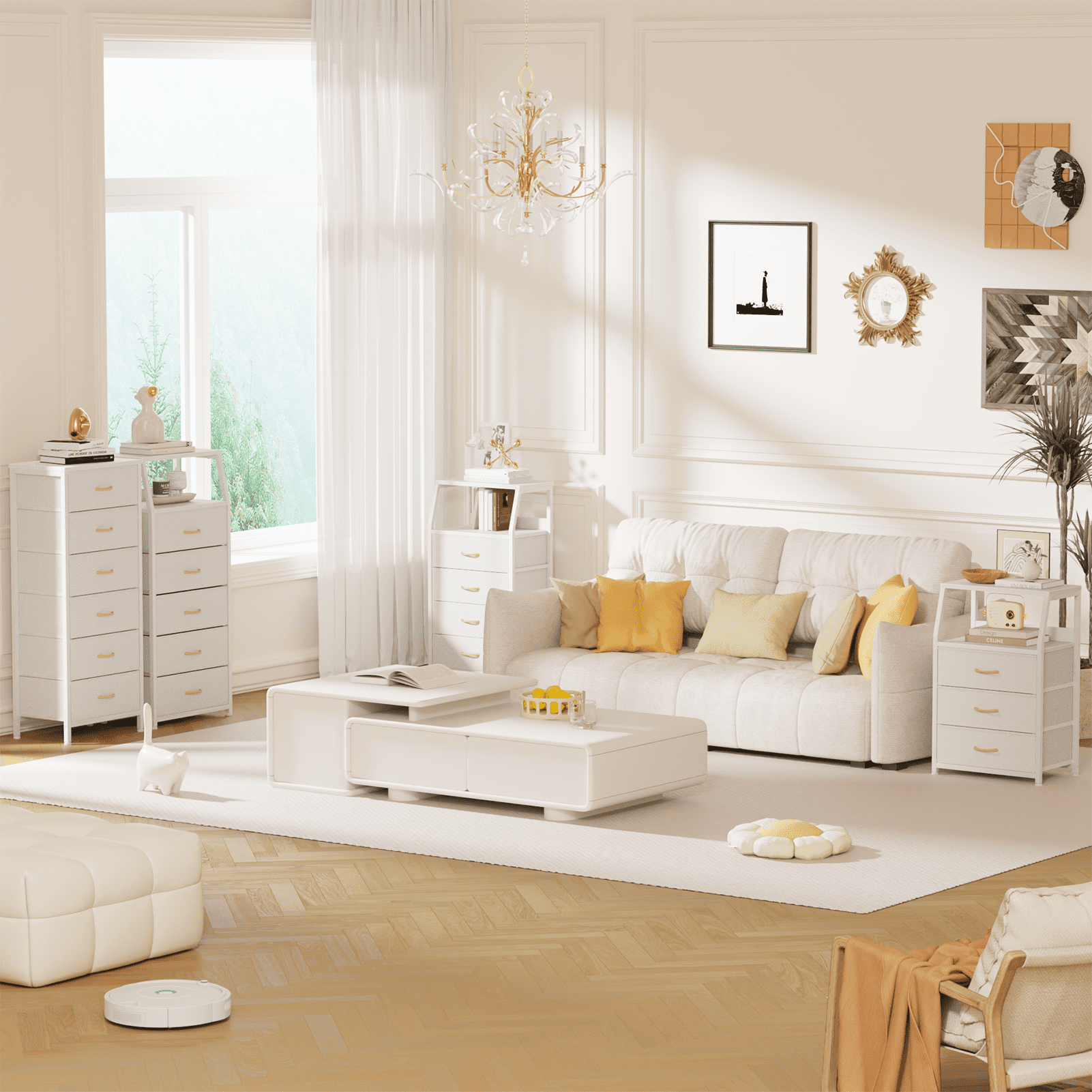 Satifur 5-Drawer Nightstand,Tall Fabric Dresser Storage End Table,for All Age,Metal Frame,White