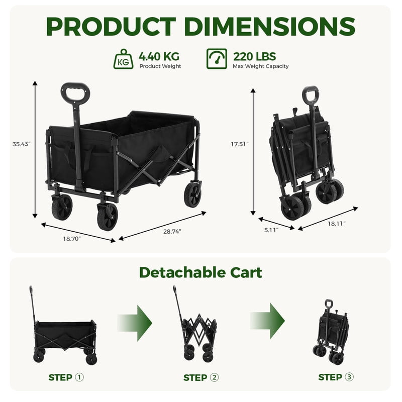 Gianna Collapsible Folding Wagon, Heavy Large Capacity Garden Wagon, Big Bucket Beach Cart with Multi-Terrain Brake Wheels for Outdoor Camping, Shopping, 28.7" X 18.7" X 35.4"，Black