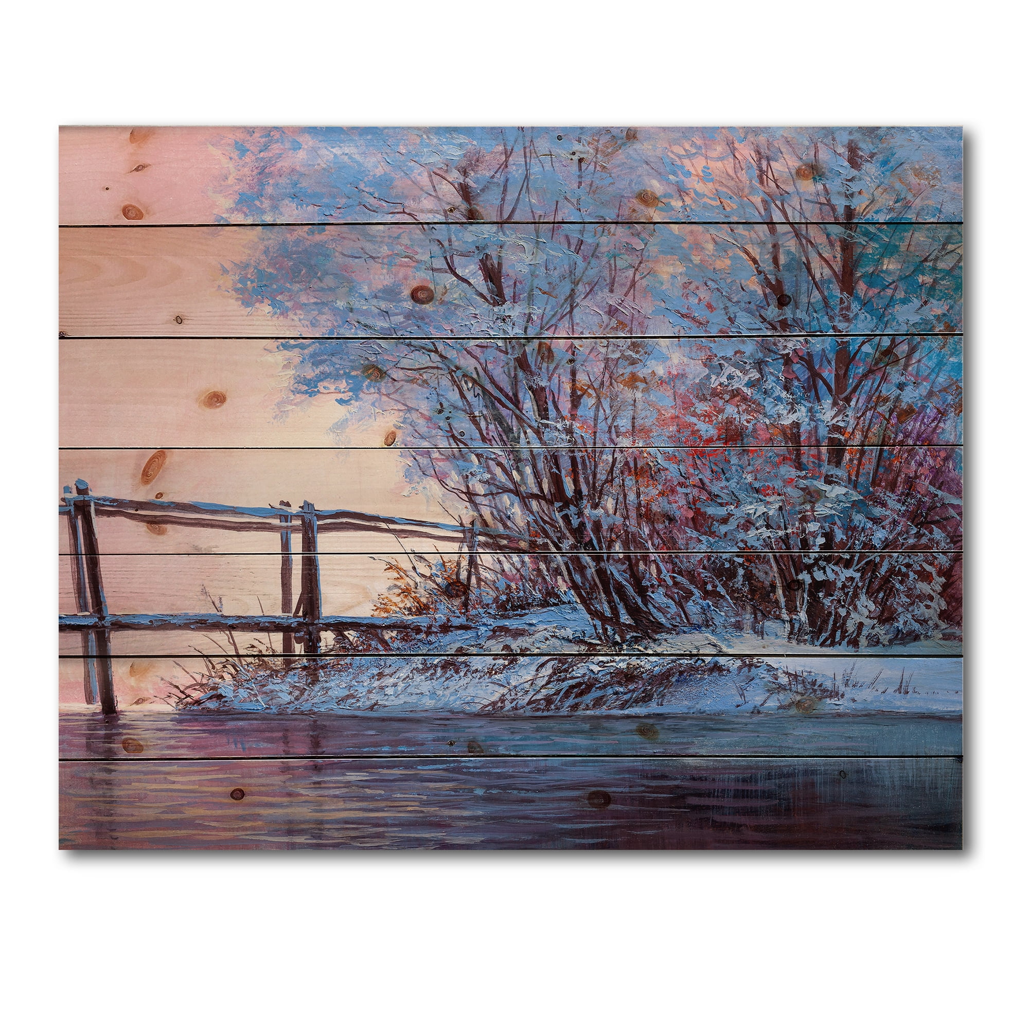 Designart 'Bridge Of Meandering River With Winter Scenery I' Lake House Print on Natural Pine Wood