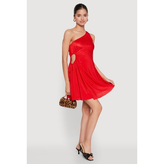 Womens Plisse One Shoulder Drawstring Keyhole Mini Dress