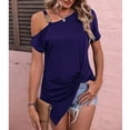 thumbnail image 3 of Blusa plisada con hombros descubiertos para mujer, corte holgado, informal de verano, talla S Blusa morada sofisticada, 3 of 6
