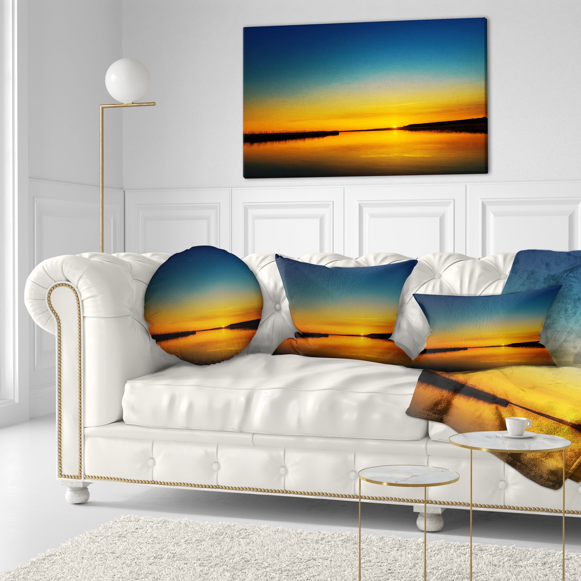 Designart Orange Sunset Over River - Skyline Photography Throw Pillow - 12x20