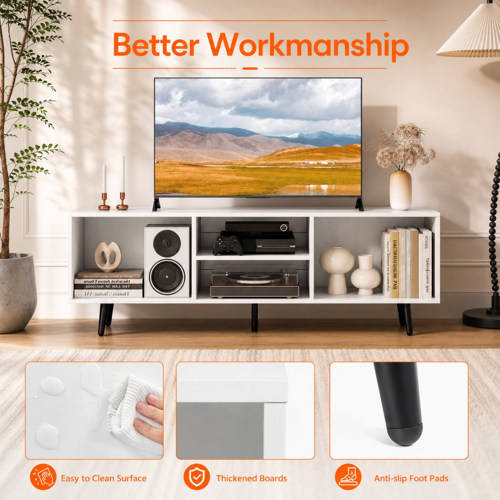 Furnibear 47.5 Inches TV Stand for 55-Inch TV with Compartments and Metal Legs for Living Room Bedroom Media Console Entertainment Center, White