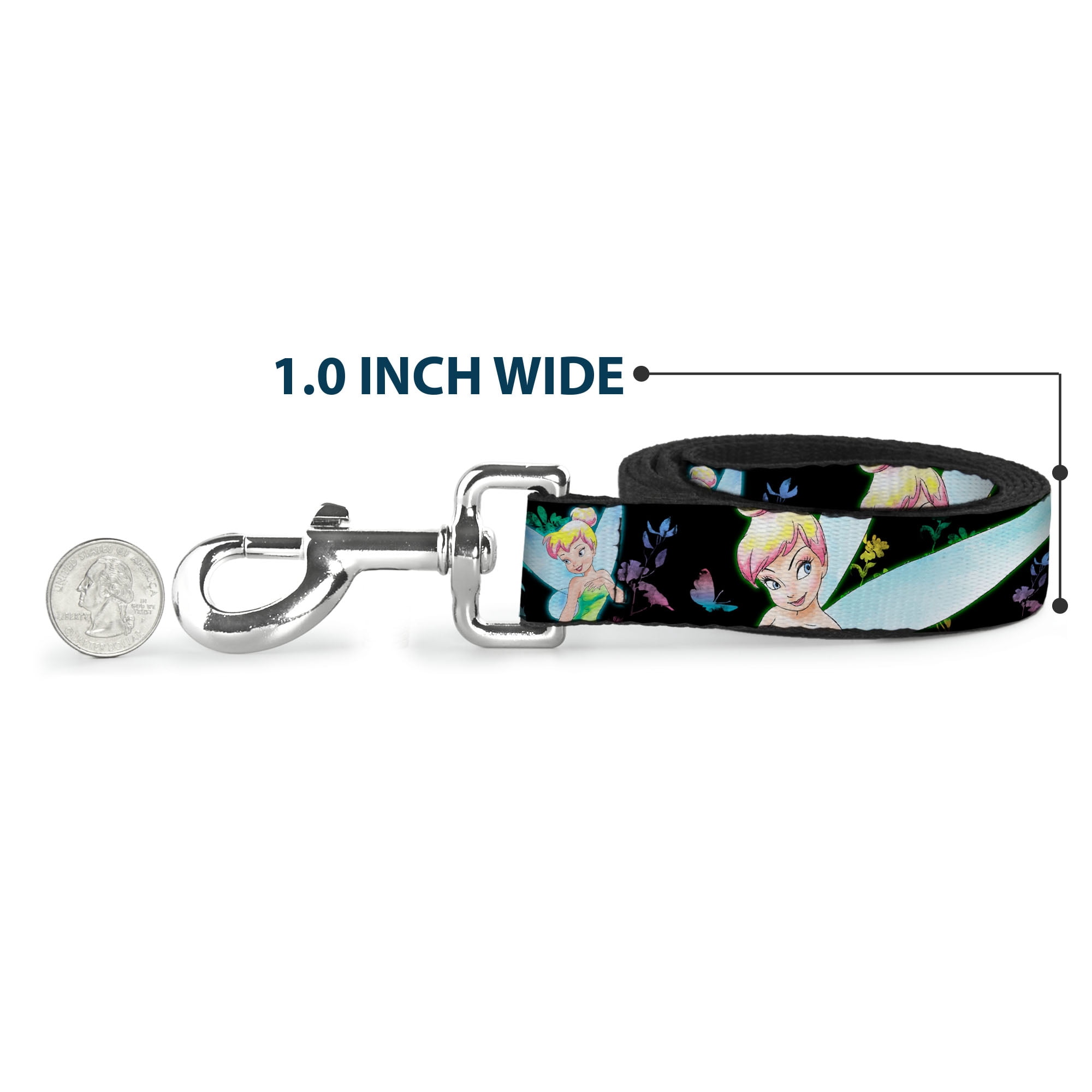Disney Pet Leash, Dog Leash, Glowing Tinker Bell Butterflies Flowers Black Multi Neon, 6 Feet Long 1.0 Inch Wide