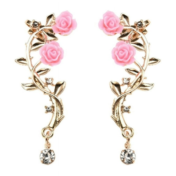 ROZYARD Pink Rose Ear Stud Cuff Elegant Flower Stud Piercing Earring for Women Present