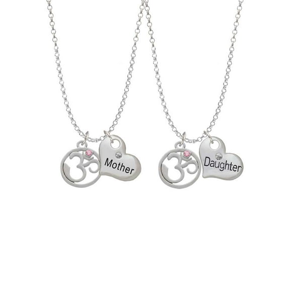 Delight Jewelry Silvertone Om in Circle with Pink Crystal Mother & Daughter Heart Necklaces (Set of 2), 19"+2"