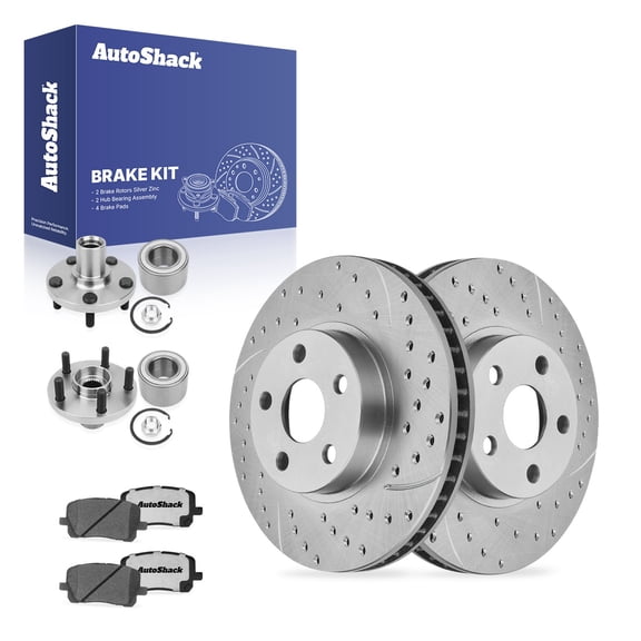 AutoShack Front Vented Drilled & Slotted Silver Zinc Coated Brake Rotors   Ceramic Pads   Hub Bearing Assembly 8-PC Brake Kit Replacement for 2003-2008 Toyota Matrix SilverShield Pro 10.82" (275 mm)