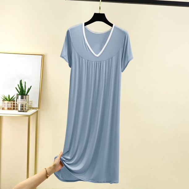 Karight Womens Soft Cotton T Shirt Dress Summer Short Sleeve Casual V Neck Sleepshirts Loose Long Nightdress House Dress