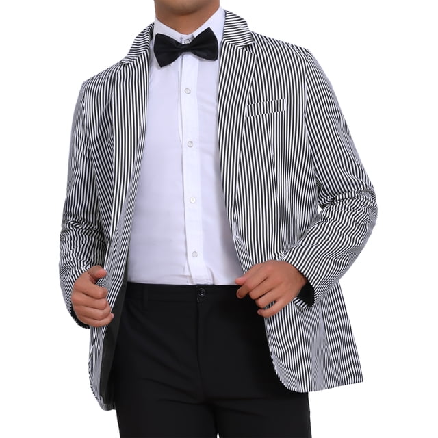 BLAZER A RAYAS CHIC INSPIRADO PARA HOMBRES, CHAQUETA DE TRAJE A RAYAS NEGRO Y BLANCO DE UN SOLO BOTÓN