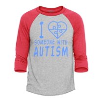 Shop4Ever Men's I Love Someone With Autism Puzzle Raglan Baseball Shirt XX-Large Heather Grey/Red