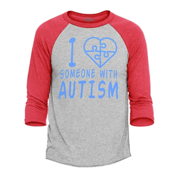 Shop4Ever Men's I Love Someone With Autism Puzzle Raglan Baseball Shirt X-Small Heather Grey/Red