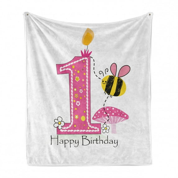 1st Birthday Soft Flannel Fleece Blanket, Cartoon Style Image with the Bees Party Cake and the Candle Print, Cozy Plush for Indoor and Outdoor Use, 70" x 90", Pink Black and Yellow, by Ambesonne