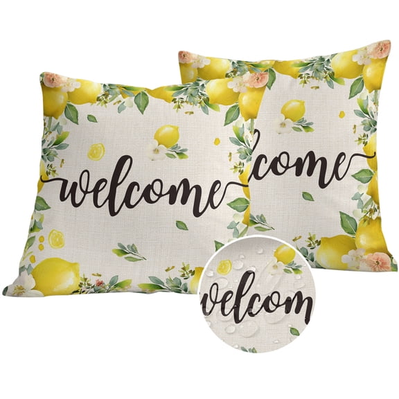 Lemon Farmhouse Outdoor Pillow Covers 16x16 Set of 2,Waterproof Patio Throw Pillowcase Protectors,Summer Fruit Botanical Beige Burlap Decorative Pillow Shams Cushion Covers for Seat Bed Couch Sofa