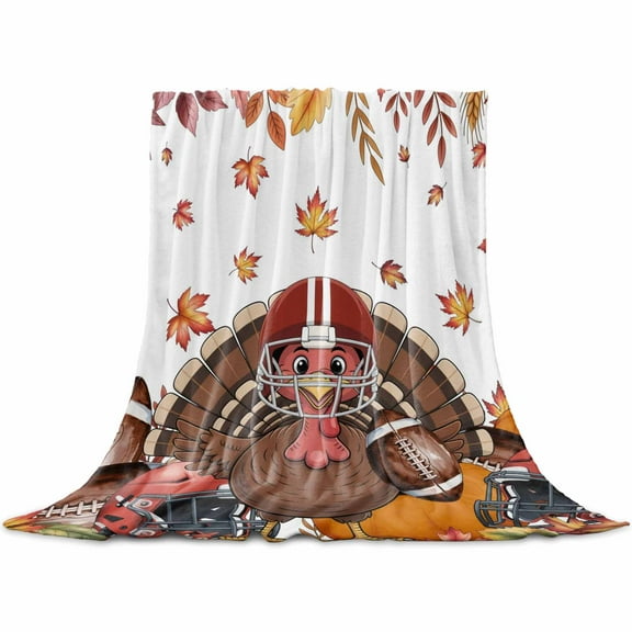Brown Turkey with Helmet Throw Flannel Blanket 32x48In Rugby Fall Maple Leaf Thanksgiving Super Soft Cozy Bed Blanket, Lightweight Plush Fuzzy Bed Throw for Bedroom Sofa Couch Living Room