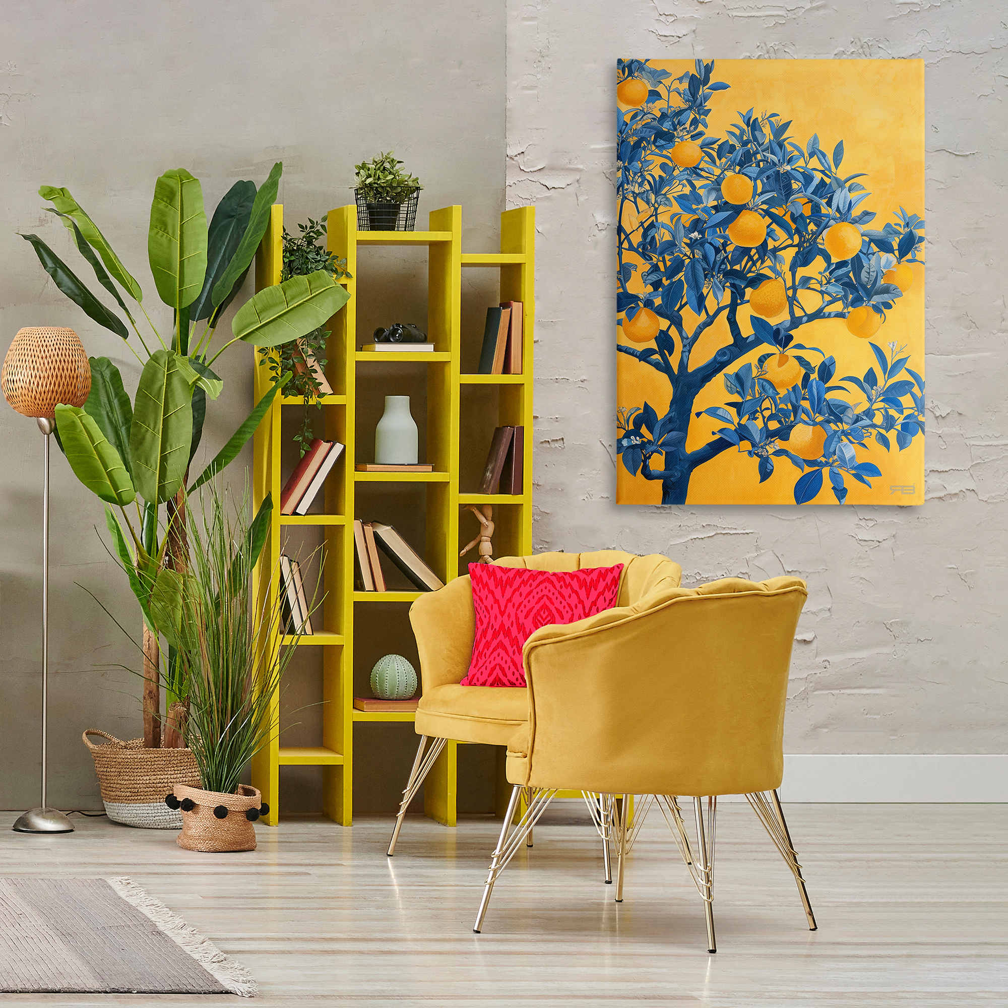 Stupell Industries Lemon Tree on Orange Food & Beverage Painting Wrapped Canvas Art Print Wall Art, 30 x 45