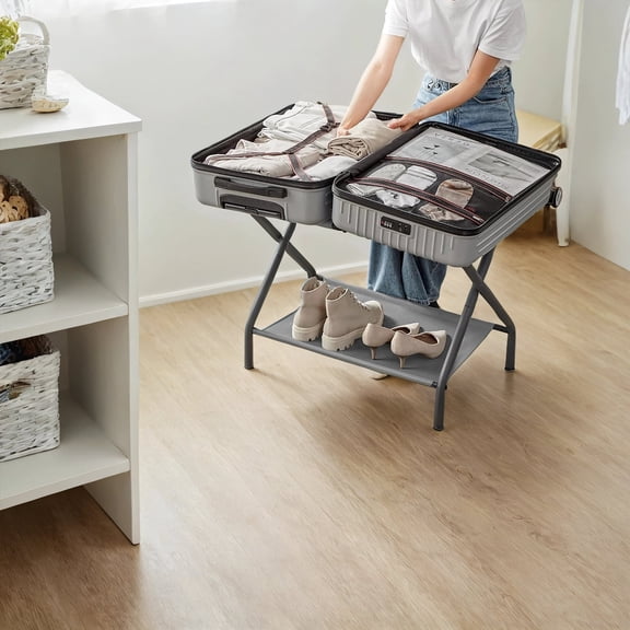 LEDREM Luggage Racks, Set of 2, Foldable Suitcase Stand with Storage Shelf & Hook-and-Loop Fastener, for Bedroom,Hotel, Holds 110 lb, Slate Gray