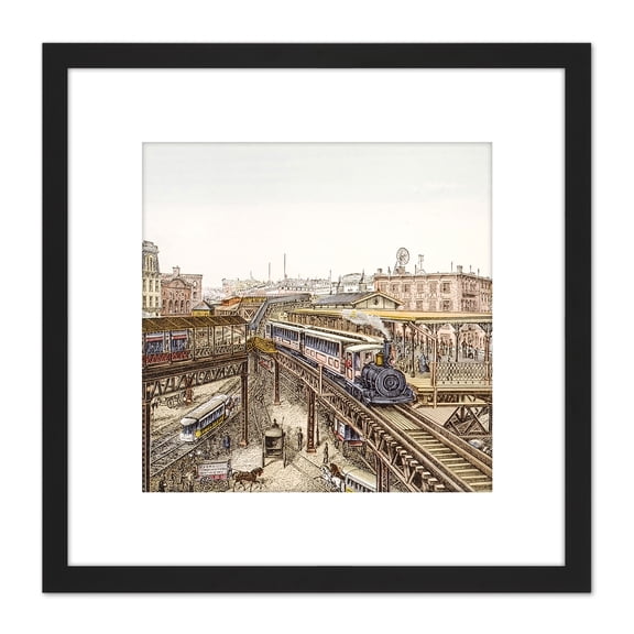 Magnus New York Chatham Square Elevated Railroad Crossing 8X8 Inch Square Wooden Framed Wall Art Print Picture with Mount