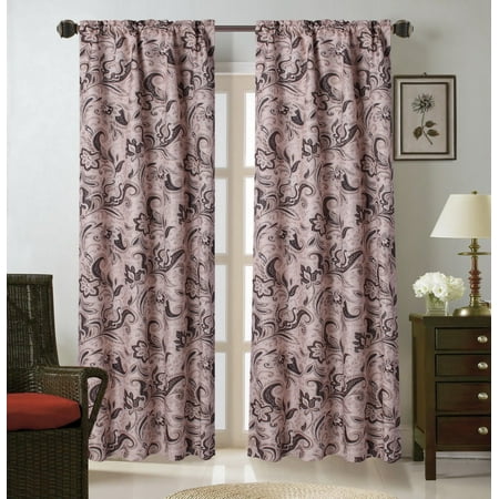 Jacobean Floral WARDA-2 Jacobean Floral 2pc Foam Backing Insulated Printed Window Dressing Curtain Set, Two (2) Lined Rod Pocket Panels 37