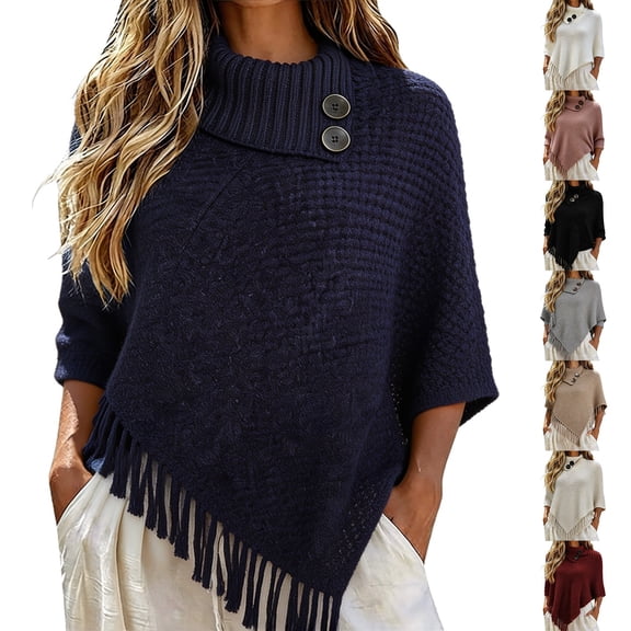 Poncho Hkoxplj Women High Neck Knit Poncho Wrap with Buttons and Fringe Soft Warm Sleeveless Loose Fit Shawl for Daily Wear Weekend Outing Travel Cape One Size Fits Most Autumn Winter