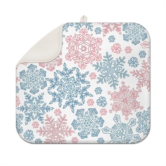 Blue and Pink Christmas Snowflake Pattern Dish Drying Mat for Kitchen 1 Pack, Ultra Absorbent Microfiber Dishes Drainer Mats,16x18in(41x46cm)