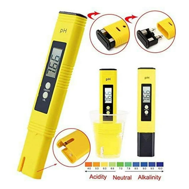 PH Meter Tester Digital PH Meter 0.01 PH Water Quality Test Digital Tester in a bright yellow ABS body with a large backlit LCD display. The handheld pen-style device features an ON/OFF button and a calibration button for automatic calibration. The image shows the meter in use, immersed in a liquid, and includes close-up views of the removable protective cap and battery compartment. A pH scale chart is displayed at the bottom, indicating acidity, neutrality, and alkalinity. Suitable for testing water quality in kitchens, aquariums, pools, and laboratories.