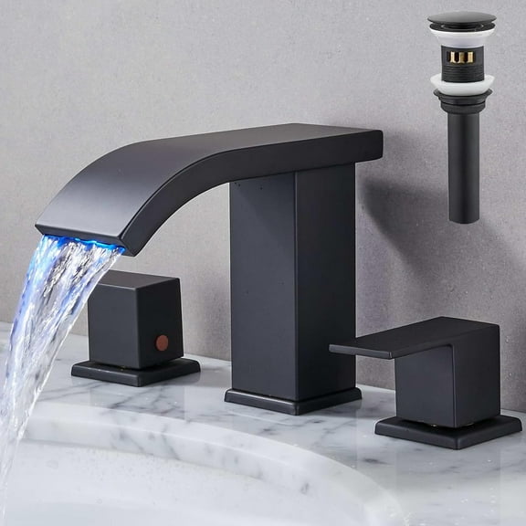 LED Bathroom Faucet 3 Hole, Black Waterfall Bathroom Faucets, 8 Inch Widespread Modern Bathroom Sink Faucet & Parts, Wide Spread Touch On Three Hole 2 Handle Bathroom Vanity Faucet