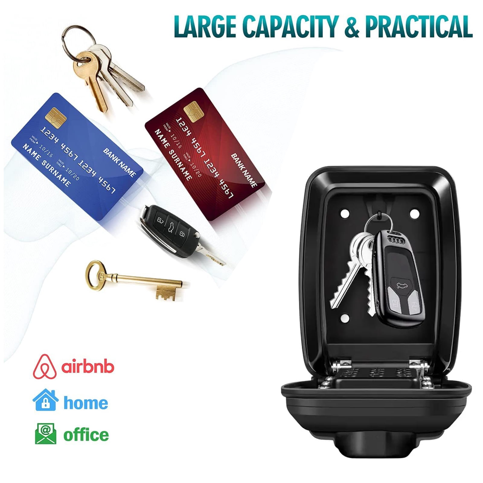 Key Lock Box for Outside, Waterproof Wall Mount Key Lock Box for House Key, 12-Digit Combination Resettable Large Capacity Security Lockbox for Home, Garage, Office,Black