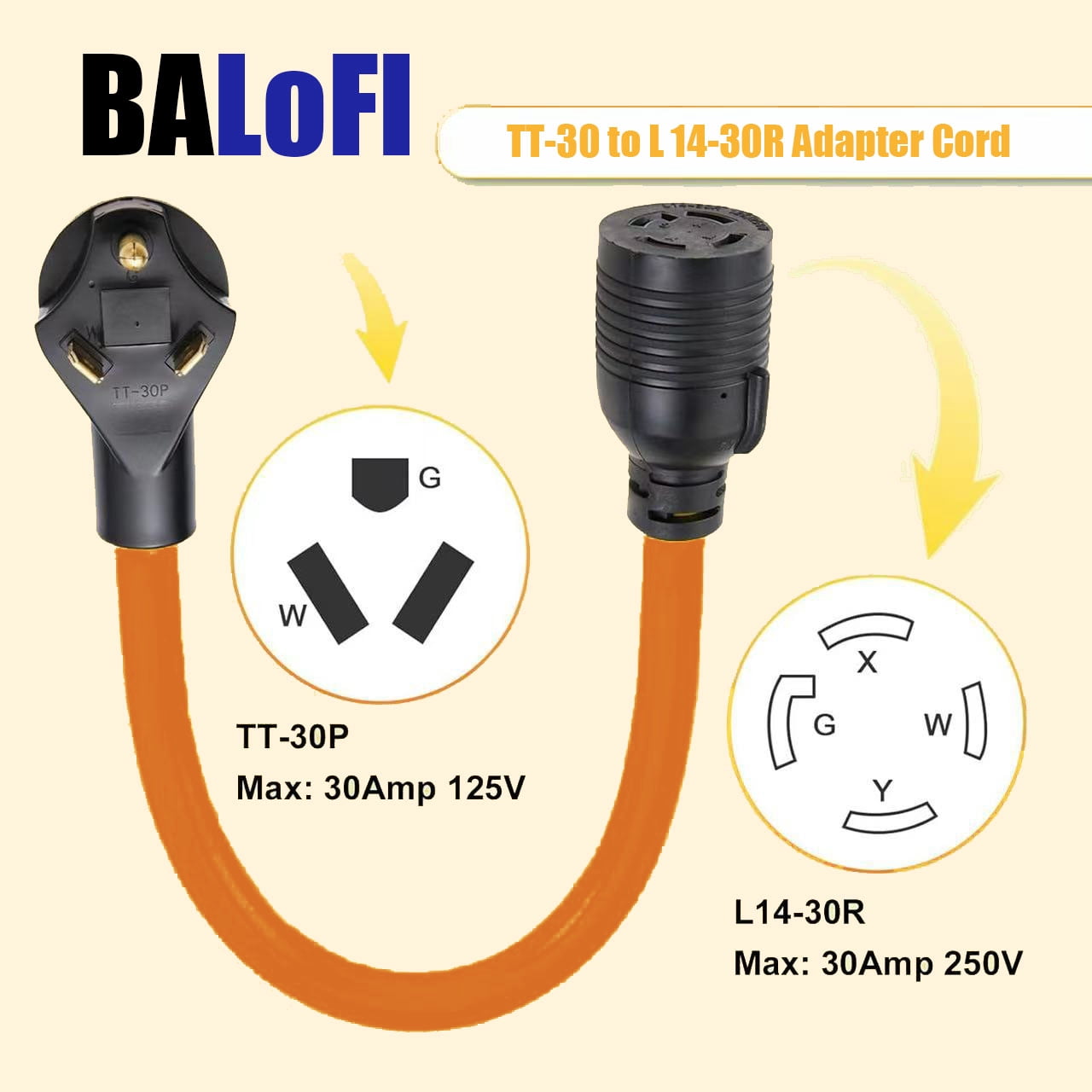 BALoFI 1.5FT  TT-30P to L14-30R Generator Transfer Switch Adapter Cord, 30 Amp 3-Prong to 4-Prong, for RV Generators & Inlet Boxes, STW 10 AWG