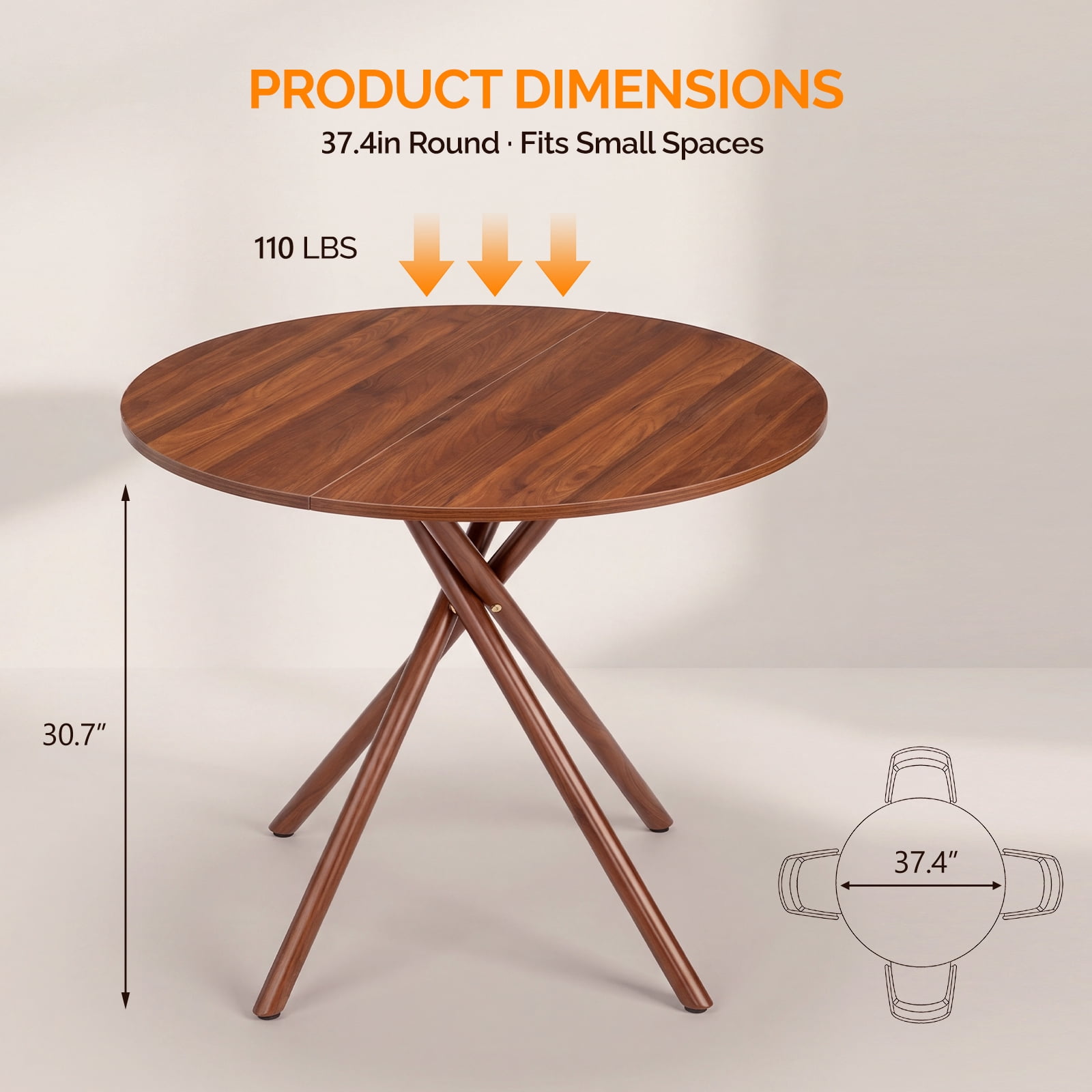 37.4 Inch Round Dining Table for 4-6 People, Cross X Metal Leg Kitchen Dinner Table with Adjustable Foot Pads, Easy Assembly Small Space Dining Room Table, Walnut
