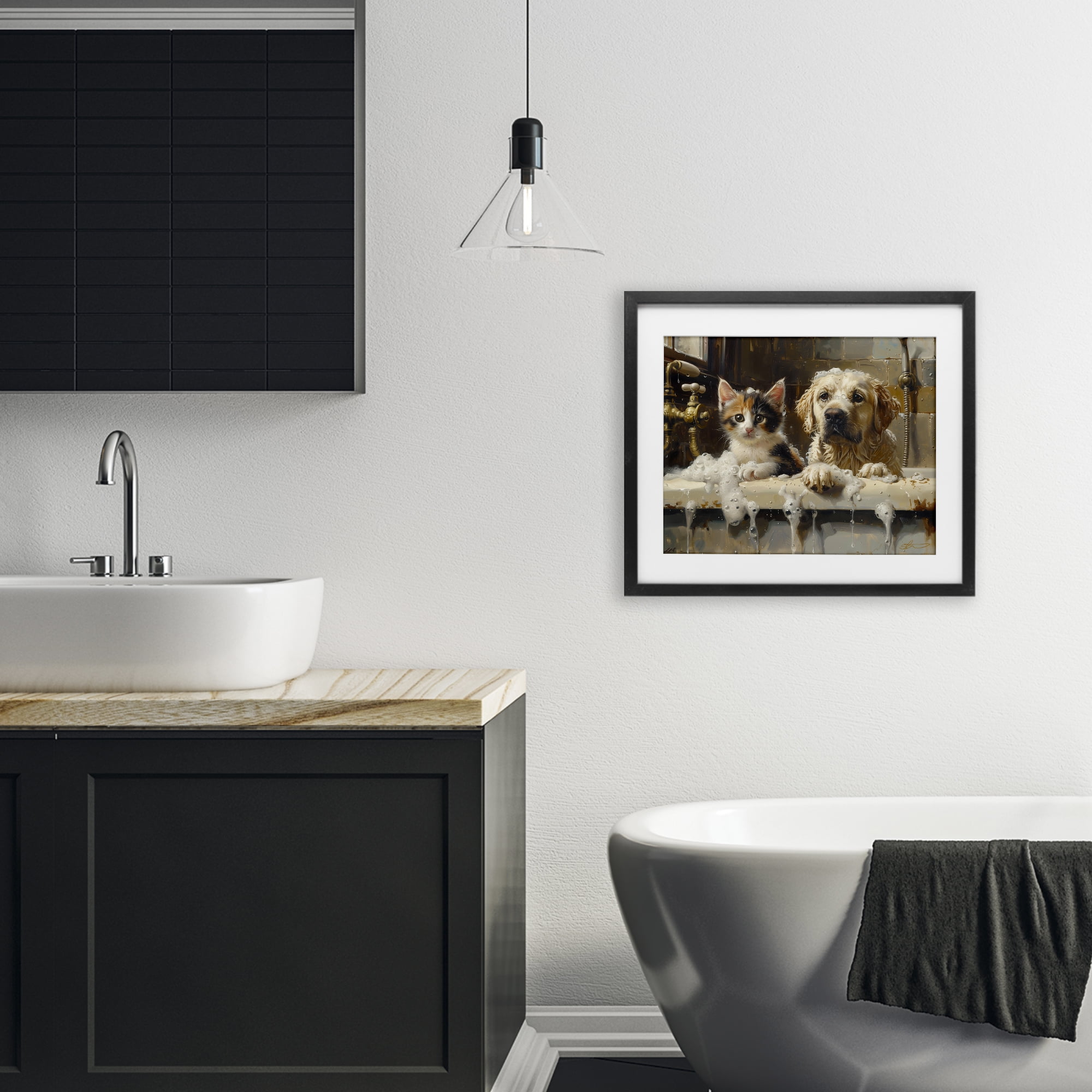 Bath Buddies Cat & Dog Black Framed Print Under Glass, design by Shawna Stewart