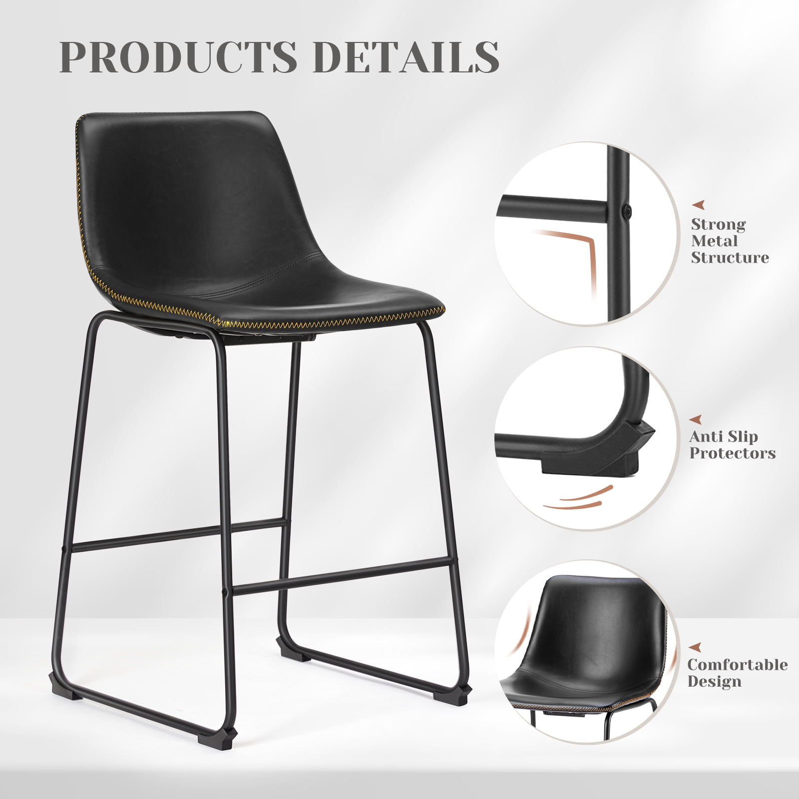 (2 pack) EDX Counter Height Bar Stools Set of 2 With Back and Footrest, Metal Frame, 30 inch, Black