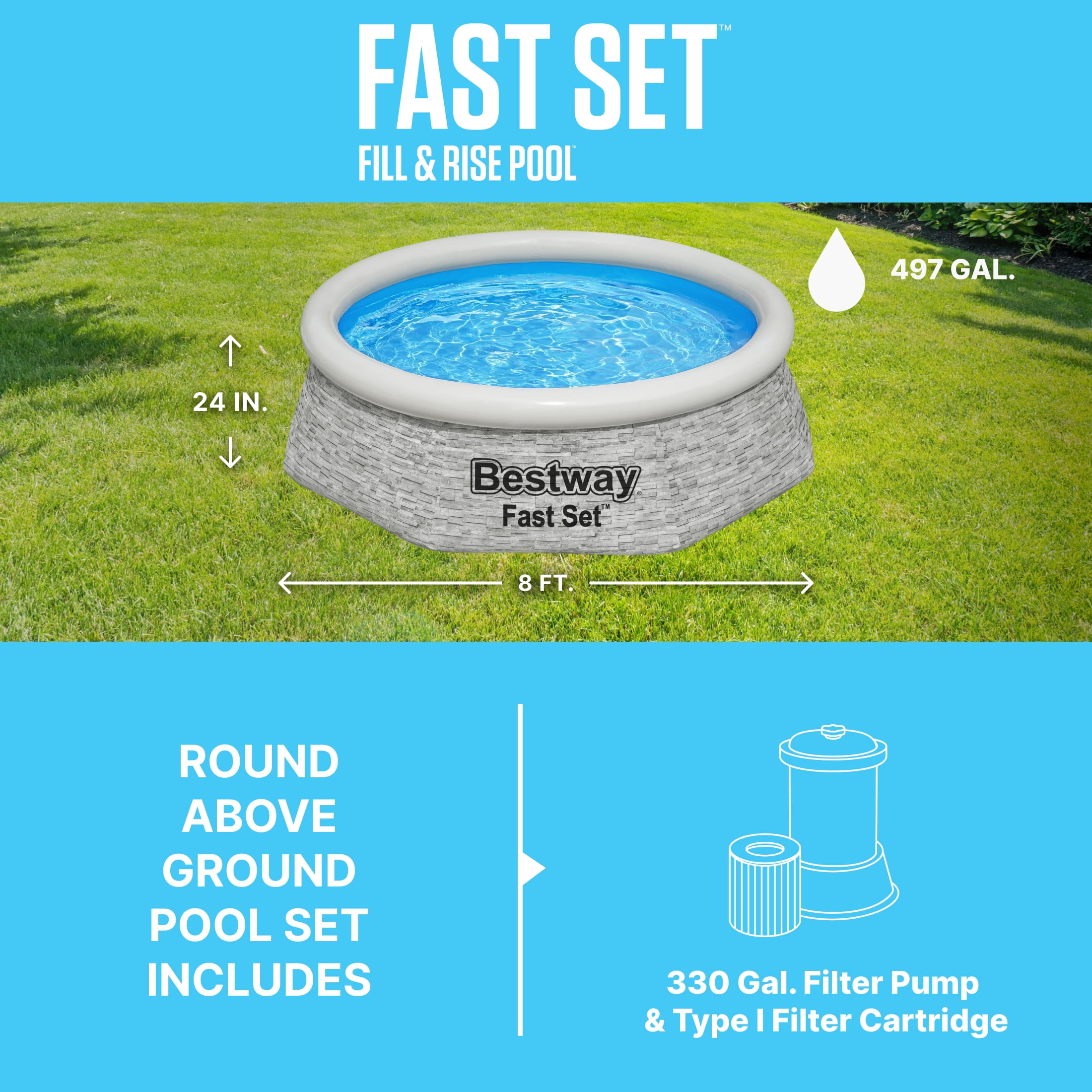 Bestway 8' x 24" Round Inflatable Outdoor Swimming Pool with Filter Pump, Gray