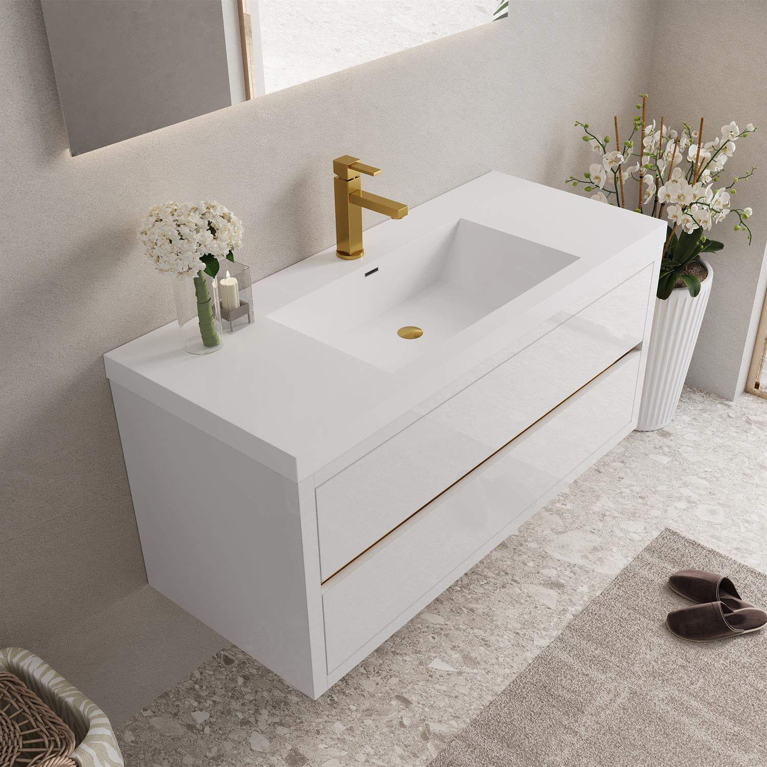 Demi Bonn 47" Wall-Mounted Bathroom Vanity with Sink, Stone Resin Countertop and 2 Soft Close Drawers, Faucets and Drains Not Included, White
