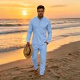 thumbnail image 2 of GrmtClth Fashion Mens Long Sleeve Henley Set Stand Collar Design Top and Elastic Waist Pants Casual Travel Leisure Outfit Sky Blue M, 2 of 6