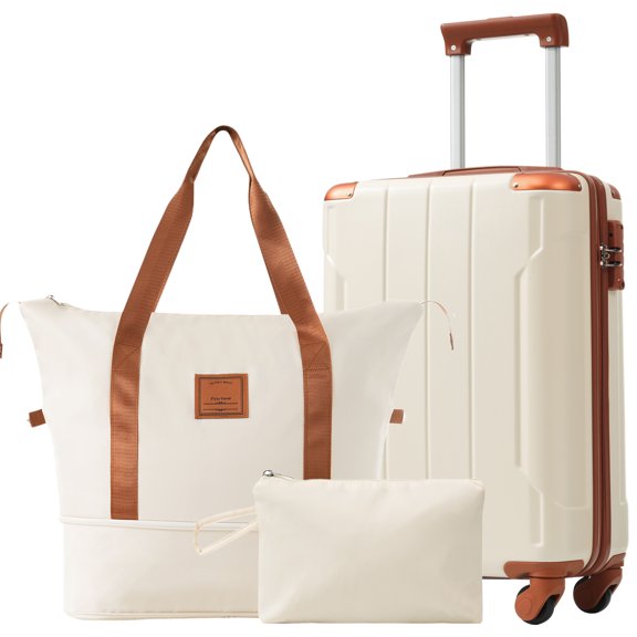 EUROCO Luggage Sets 3 Piece Carry-on Suitcases with Spinner Wheels and TSA Lock,Hardside 20" Family Travel Suitcase Set for Men Women,White Brown