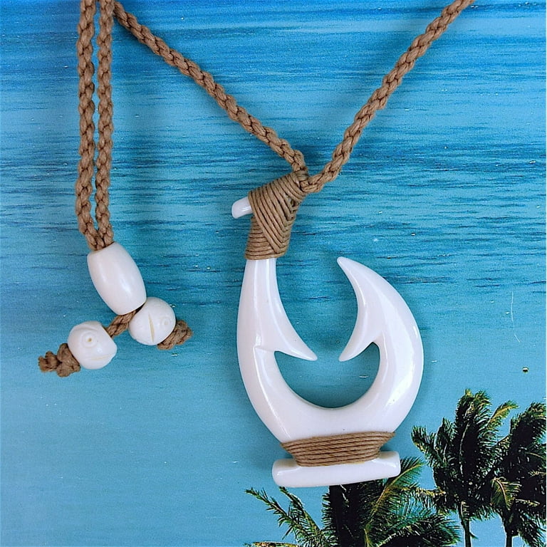 Unique Gorgeous Hawaiian X-Large Fish Hook Necklace, Hand Carved Buffalo Bone Fish Hook Necklace, N9430 Birthday Men Dad Valentine Gift, Men's, Grey