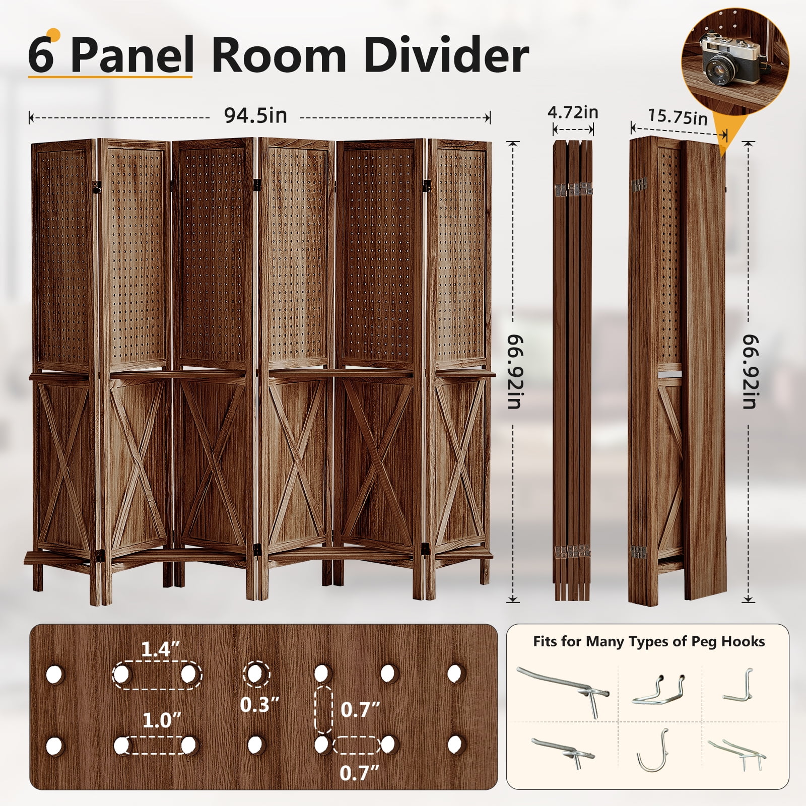 Aletheiawu 6 Panel Wood Display with 24 Hooks, Folding Room Divider, No Installation Require, Brown
