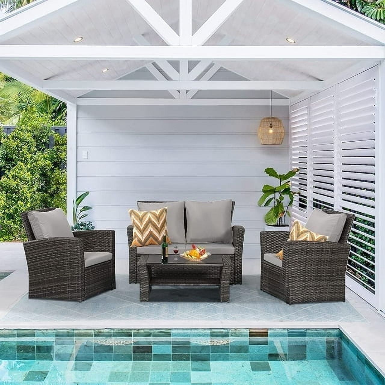 Heynemo 4 Pcs Outdoor Patio Furniture Set, Wicker Sectional Sofa Set with Coffee Table,Gray