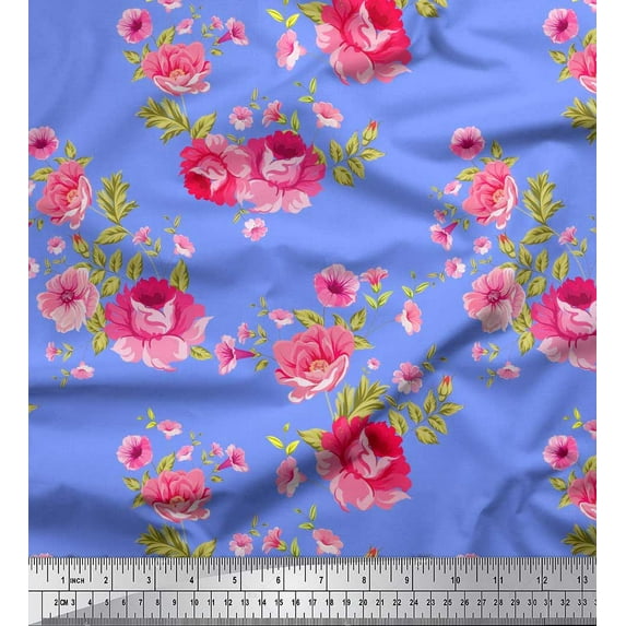 Soimoi Silk Fabric Leaves,Rose & Peony Floral Print Fabric by The Yard 42 Inch Wide
