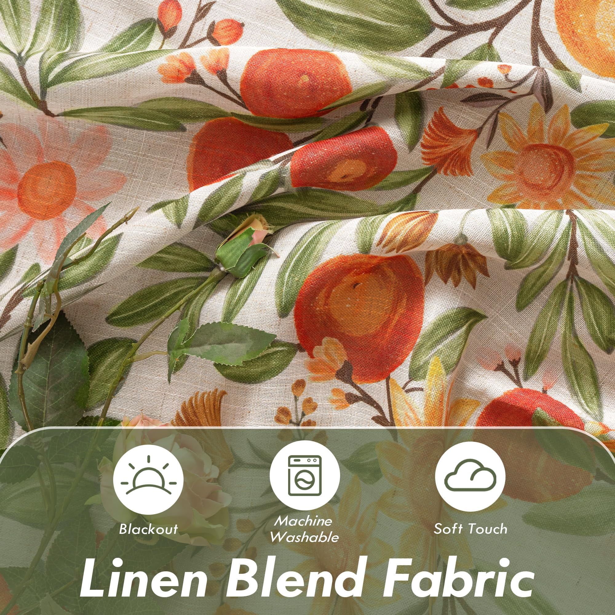 DriftAway Orange Harvest Floral Linen Blackout Curtains Double Layer Thermal Insulated Autumn Fall Printed Patterned Vintage Grommet Lined Drapes for Living Room 2 Panels 63 Inches Orange Coral Gold