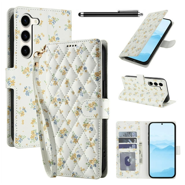 Wallet Case for Samsung Galaxy S23 Plus , PU Leather Phone Cover Kickstand RFID Blocking Flip Case Card Slots Wrist Strap Relief Engraved Pattern Magnetic With Stylus Pen, Gold Flower