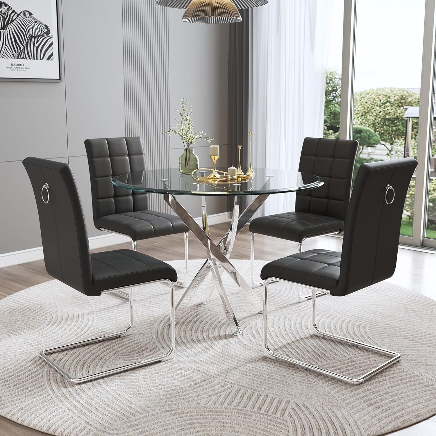 5-Piece 36" Round Glass Dining Set, Clear Tempered Glass Table & 4 PU Leather Chairs with Stainless Steel Legs for Kitchen, Meeting Room