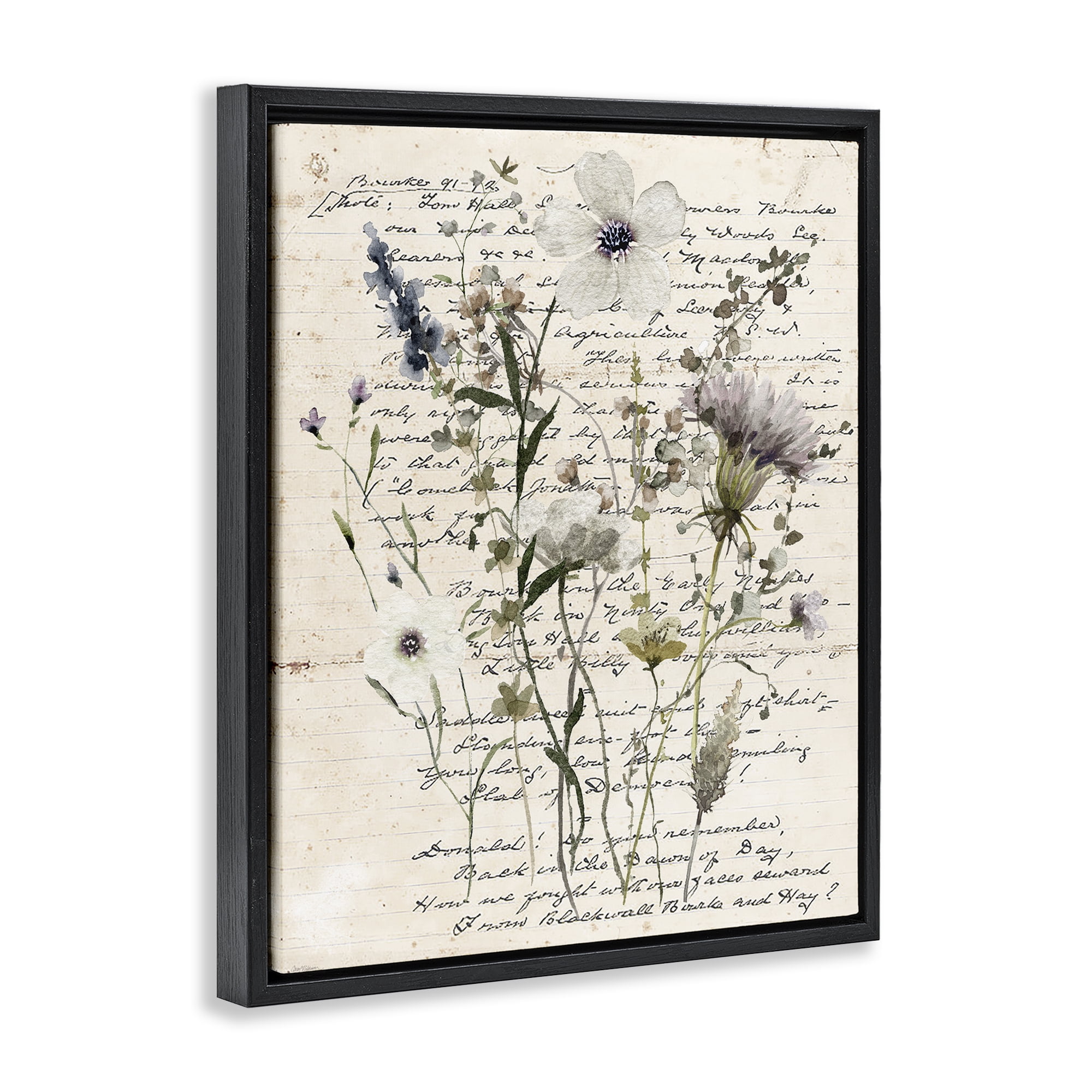 Stupell Industries Pressed Flowers on Page Plants & Flowers Painting Black Floater Framed Canvas Art Print Wall Art, 25 x 31