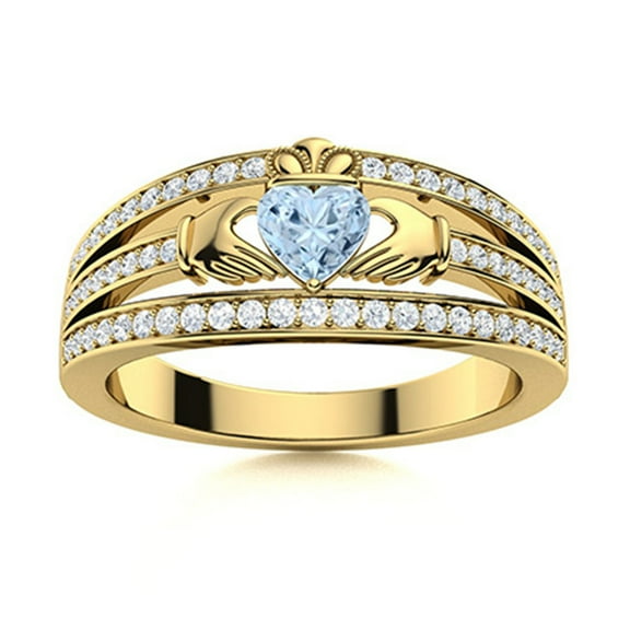 Mooneye Claddagh 5 mm Heart Aquamarine Valentines Gift Women Ring 925 Sterling Silver Gold Vermeil