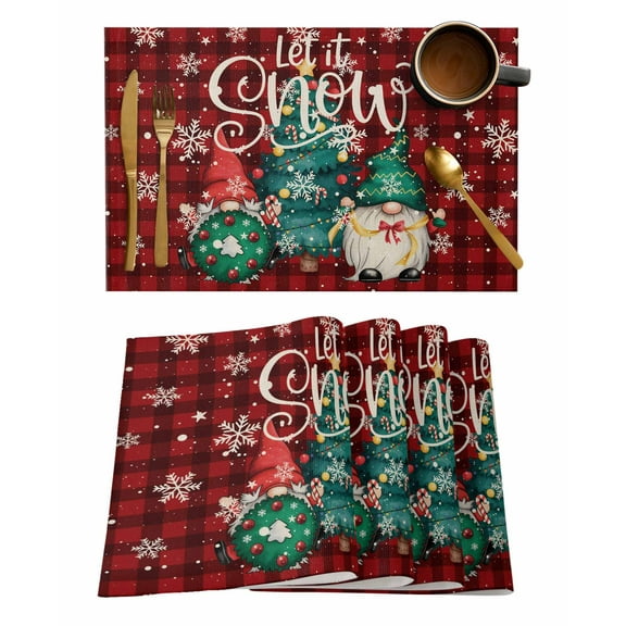 Christmas Tree Gnome Placemats Set of 1 Winter Snowflake Dark Red Plaid Heat Insulation Washable Place Mats, Rustic Non-Slip Table Mats for Dining Table Party Kitchen Decor,13x19 Inch