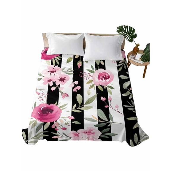 California King Flat Sheet 108"x98", Pink Roses Soft Lightweight Bedding Flat Sheets Only, Romantic Flowers Leaves Floral Black Stripes Brushed Microfiber Top Bed Sheet, Breathable Bedsheets